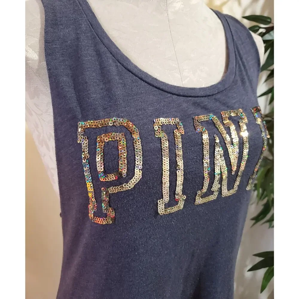 PINK Victoria's Secret Bling Spellout Muscle Tank Top Womens Size S Blue Y2K - Picture 5 of 10